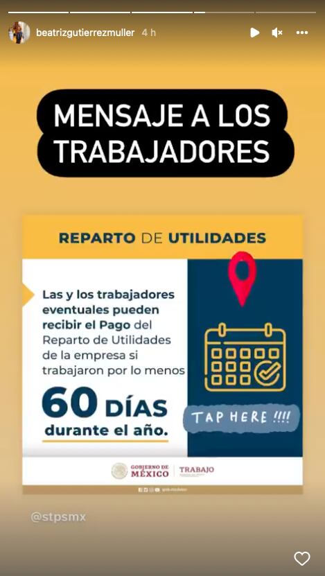 historia de instagram de Beatriz Gutiérrez Müller sobre el reparto de utilidades 2022