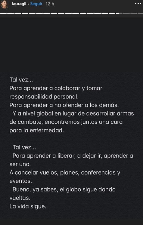 Laura G mensaje coronavirus tiempo de pensar