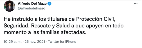 Tuit de Alfredo Del Mazo sobre accidente de Joquicingo-Malinanco/@alfredodelmazo