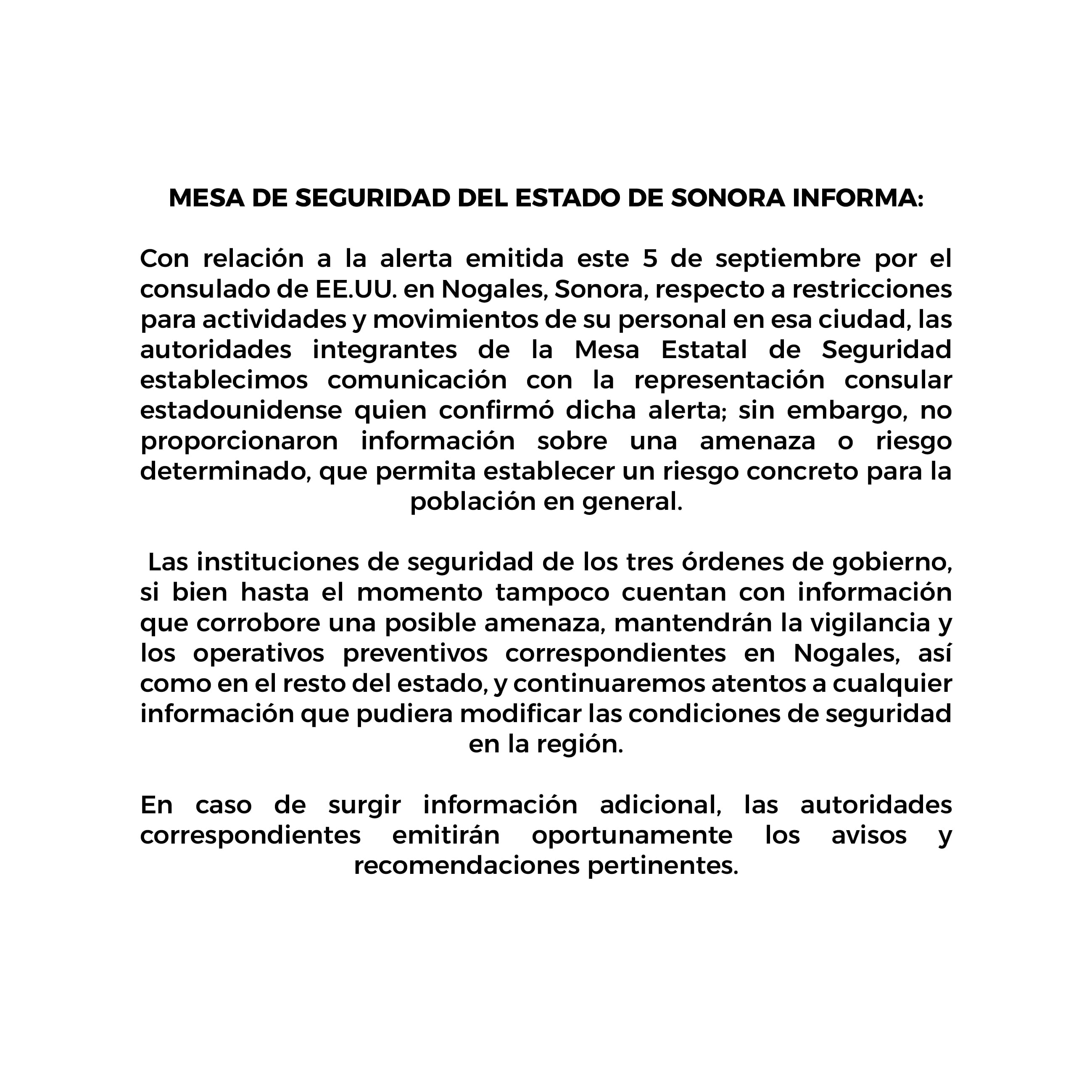Respuesta de la Mesa Estatal de Sonora sobre alerta de Nogales de Estados Unidos