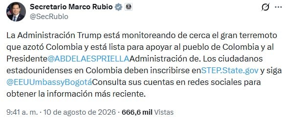 Marco Rubio asegura que Estados Unidos está listo para apoyar a Colombia tras terremoto