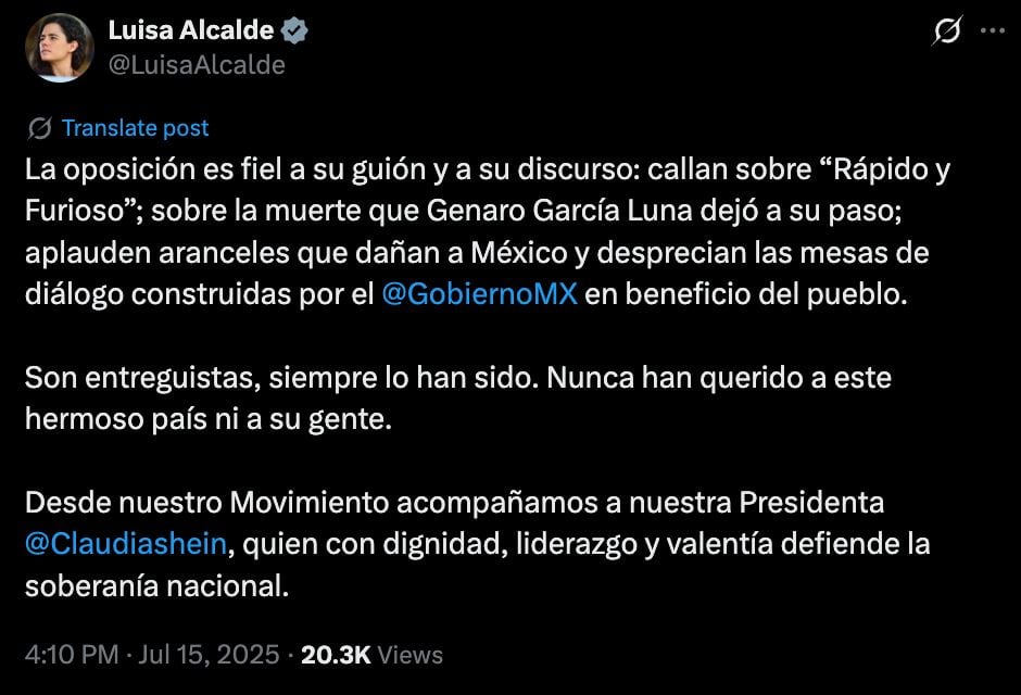 Luisa Alcalde respalda a Claudia Sheinbaum