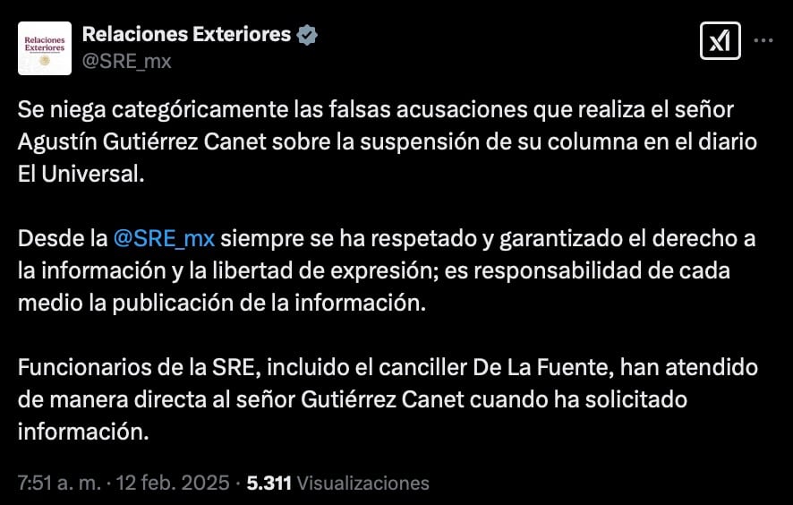SRE responde a Agustín Gutiérrez Canet