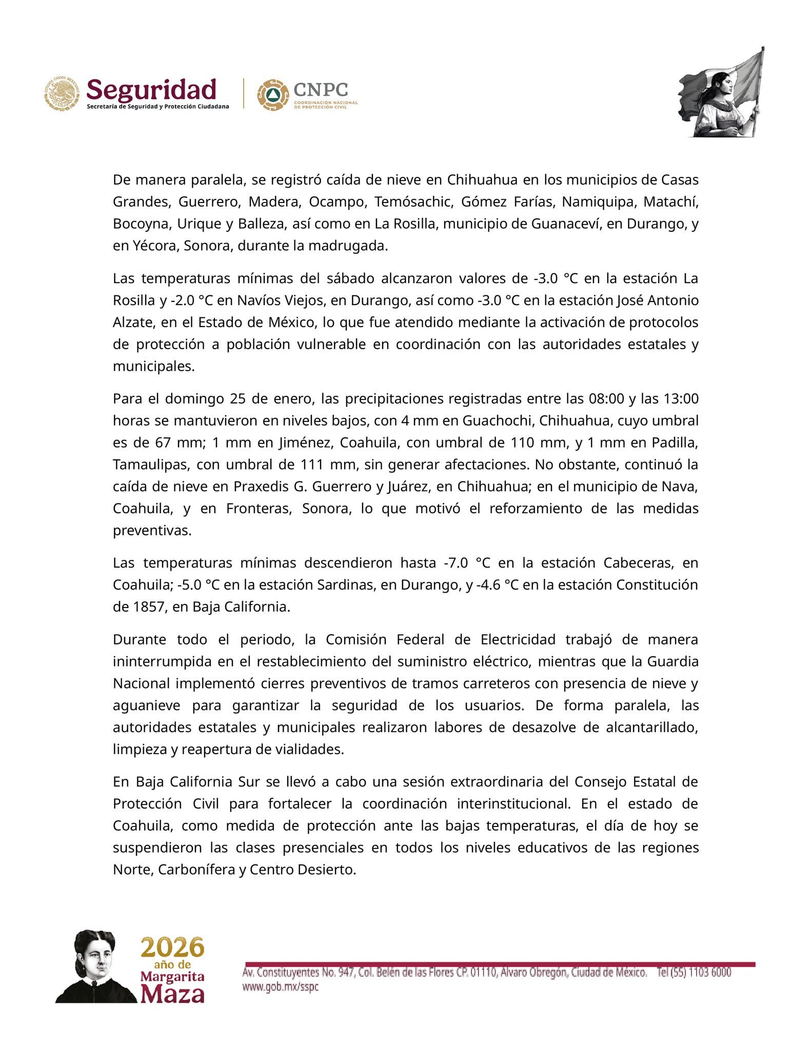 Comunicado de la Coordinación Nacional de Protección Civil (CNPC) sobre la tercera tormenta invernal