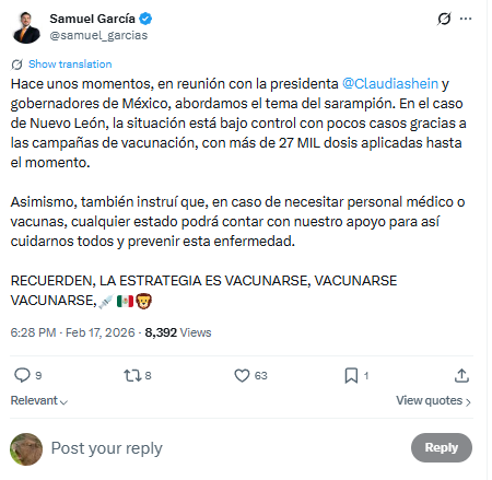 Samuel García ofrece ayuda por sarampión