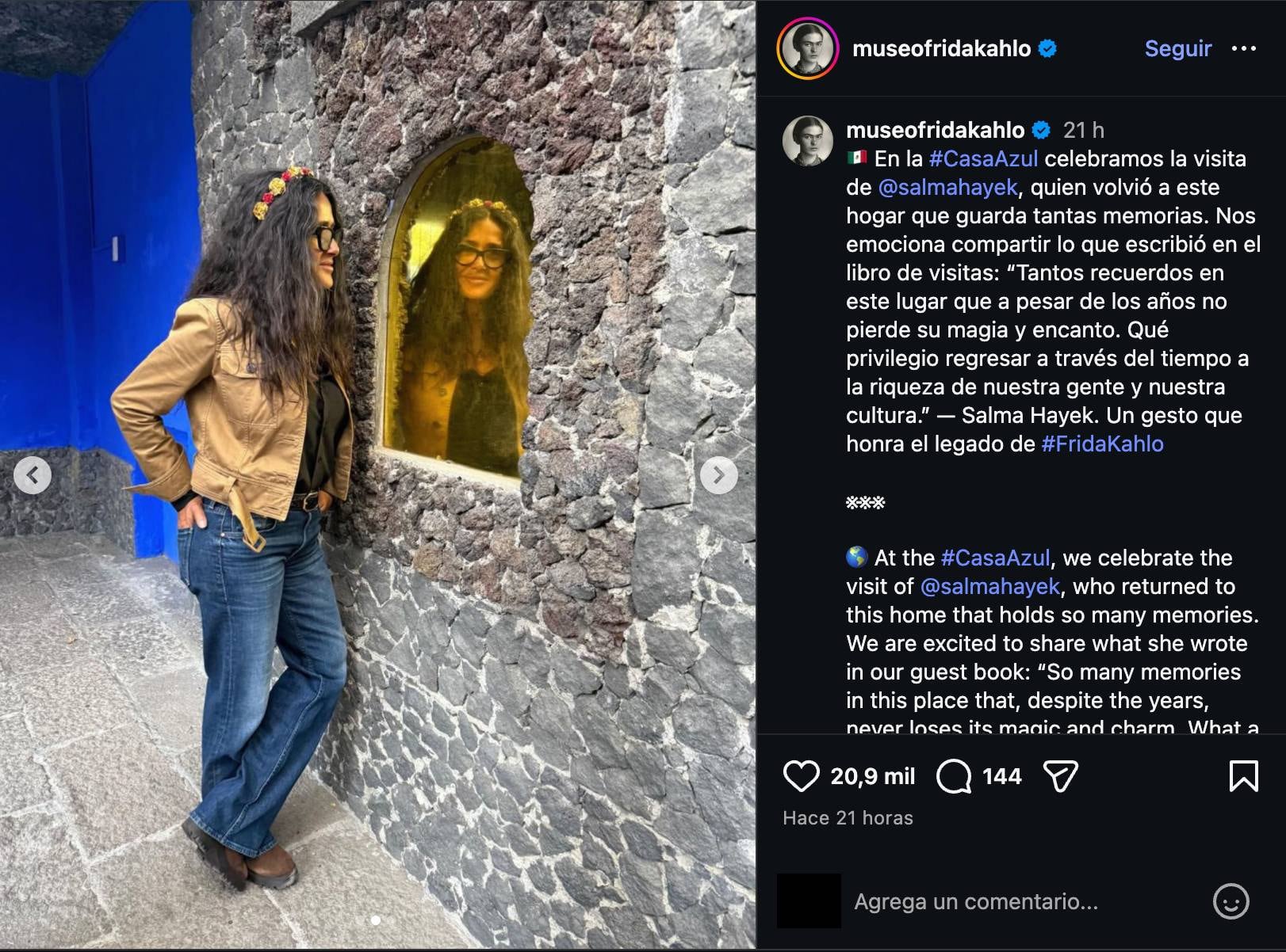 La Casa Azul de Frida Kahlo compartió una foto de la visita de Salma Hayek