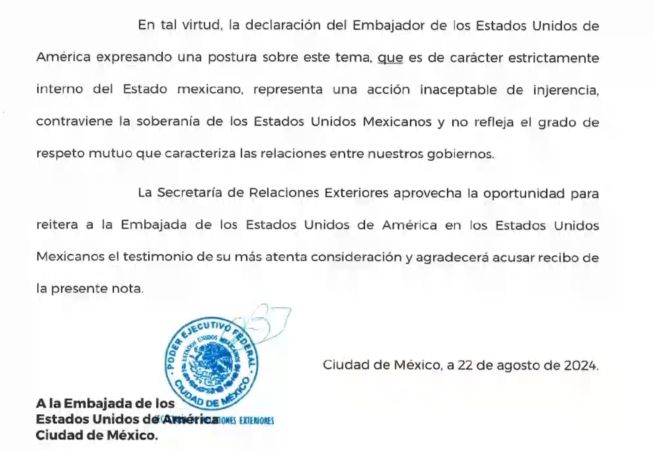 Fragmento de la nota diplomática de extrañamiento de México a Estados Unidos por declaración de Ken Salazar