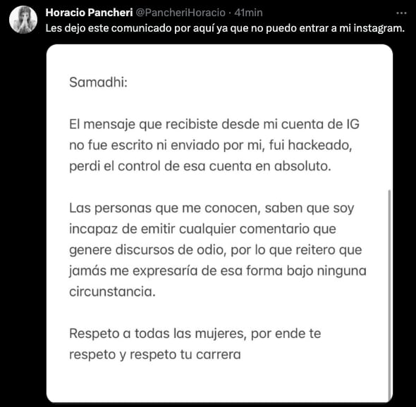 Horacio Pancheri asegura que él no fue quien insultó a Samadhi Zendejas