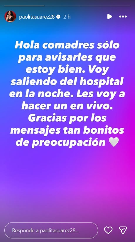 Paolita Suárez es dada de alta tras sufrir un accidente de auto