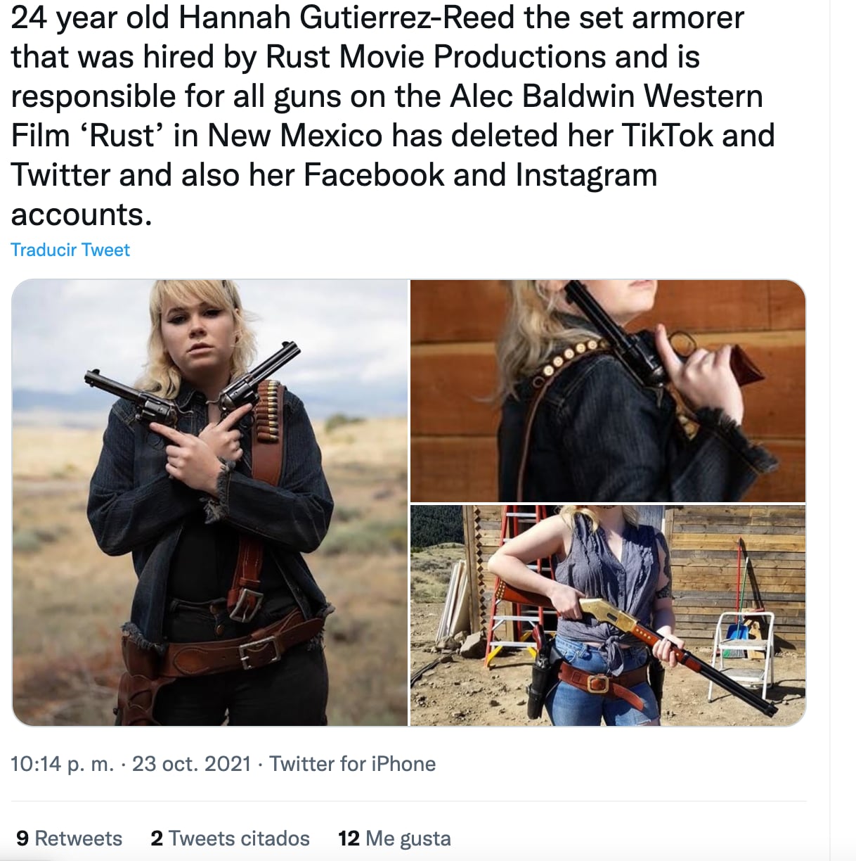 Hanna Gutiérrez Reed jefa de armería en 'Rust', película donde participaba Alec Baldwin