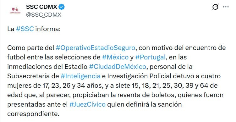 Partido México vs Portugal deja al menos 14 revendedores detenidos