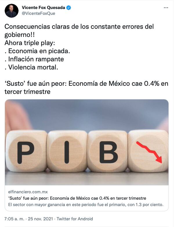 Tuit De Vicente Fox donde identifica los 3 errores del AMLO/@VicenteFoxQue