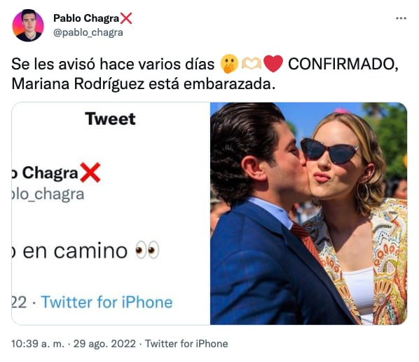 Tuit de Pablo Chagra sobre Mariana Rodríguez
