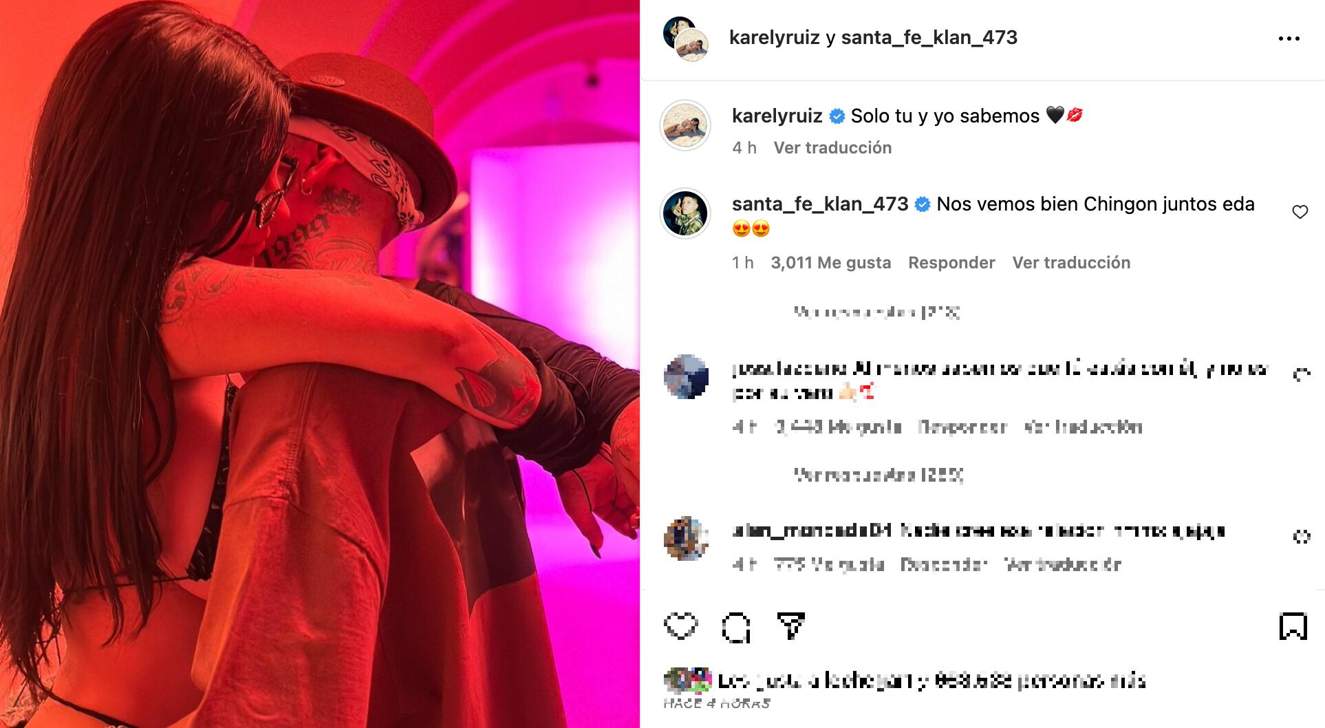 Karely Ruiz abrazando a Santa Fe Klan