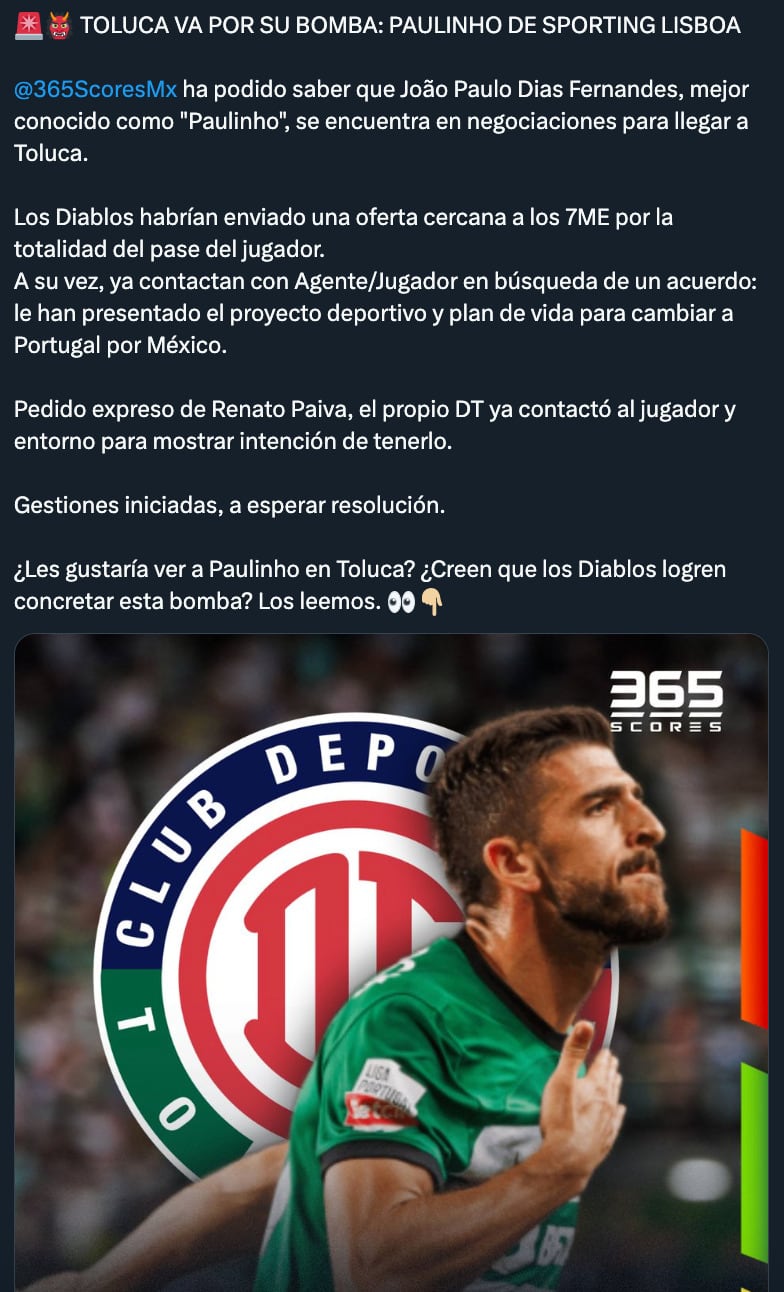 Deportivo Toluca quiere a Paulinho del Sporting de Lisboa