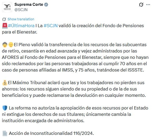 SCJN avala el Fondo de Pensiones para el Bienestar