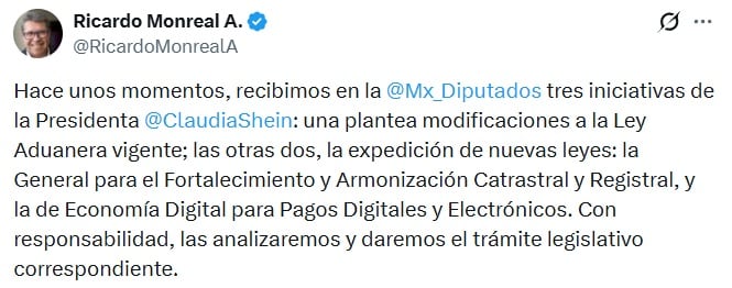 Sheinbaum envía tres iniciativas a la Cámara de Diputados: reforma a la Ley Aduanera y dos nuevas leyes