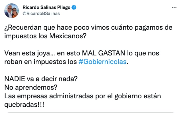 Ricardo Salinas Pliego acusa un mal gasto de impuestos