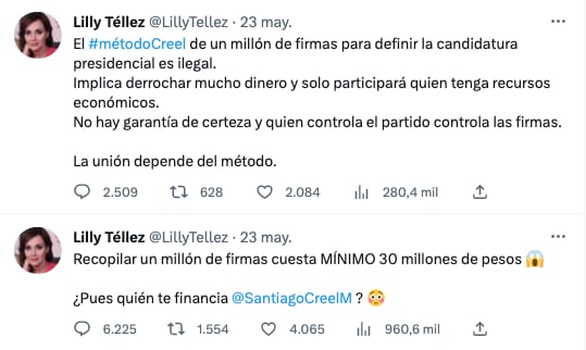 Tuits de Lilly Téllez contra Santiago Creel