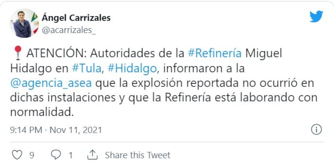 Tuit sobre explosión cerca de la refinería de Tula