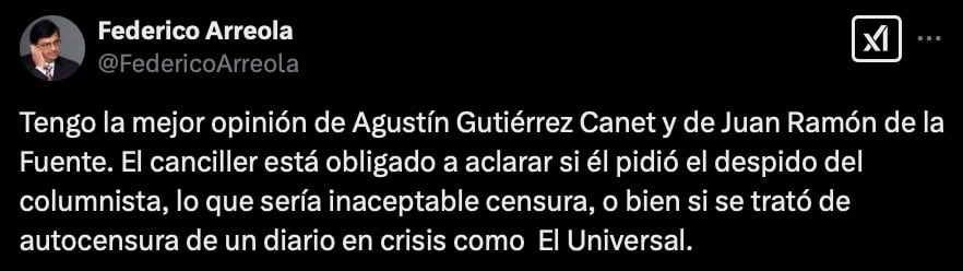 Federico Arreola cree que suspensión de columna de Agustín Gutiérrez Canet podría ser autocensura de El Universal