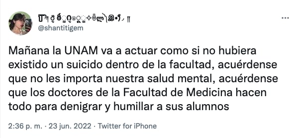 Tuit de un usuario que critica a la UNAM tras muerte de estudiante de Facultad de Medicina