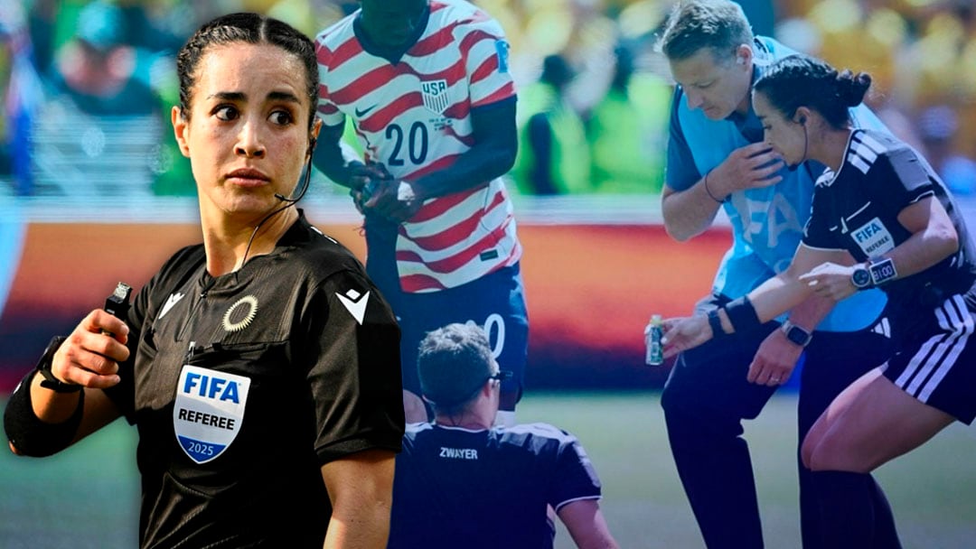 Katia Itzel García auxilia a árbitro con calambre durante partido del Mundial 2026