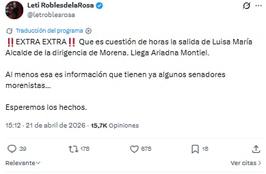 Luisa Alcalde podría dejar Morena; Ariadna Montiel sería su relevo, según versiones