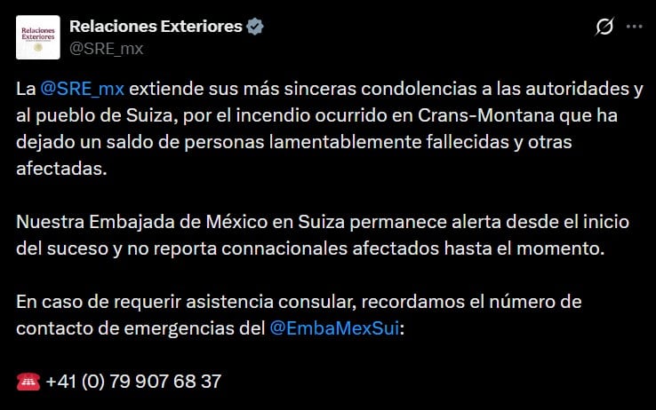 Condolencias de México por incendio en Crans-Montana, Suiza