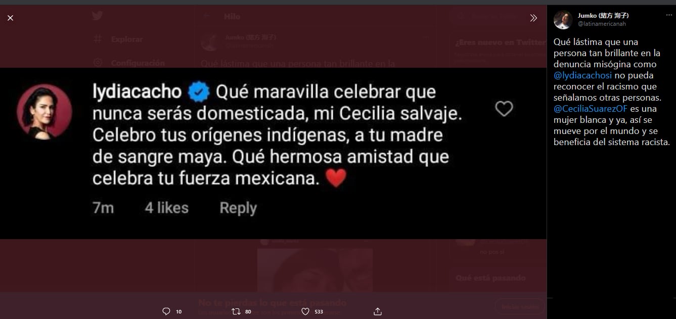 Post sobre comentario racista de Cecilia Suárez y Lydia Cacho.