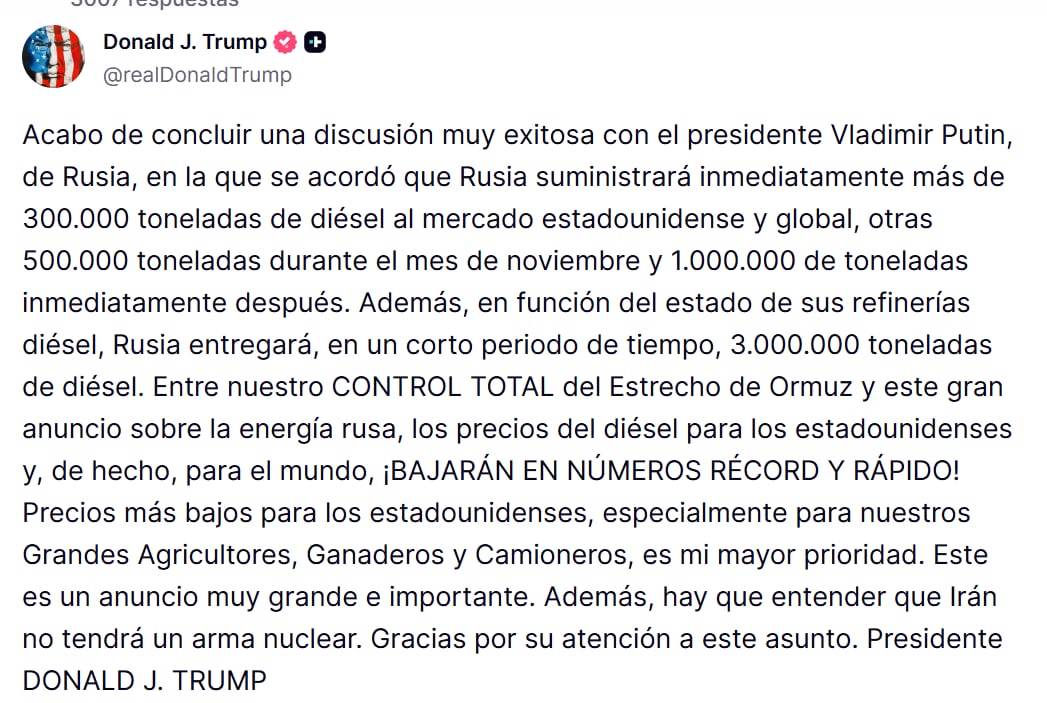 Rusia enviará más de 300 mil toneladas de diésel tras llamada entre Trump y Putin