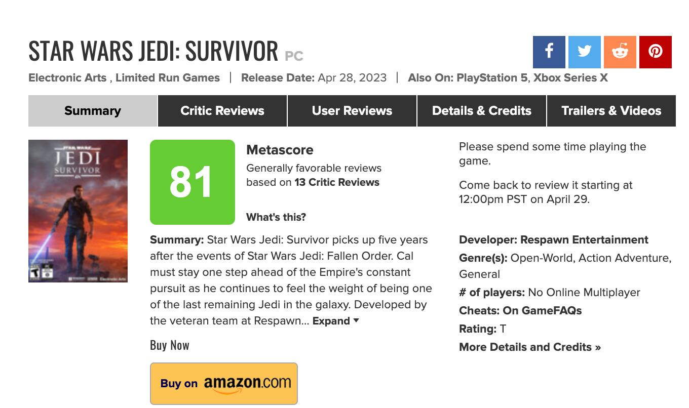 Reseñas Star Wars Jedi: Survivor