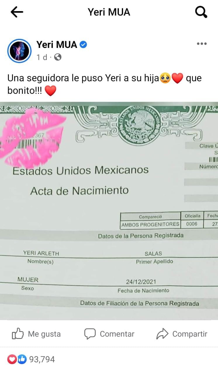 Publicación de Instagram de Yeri MUA