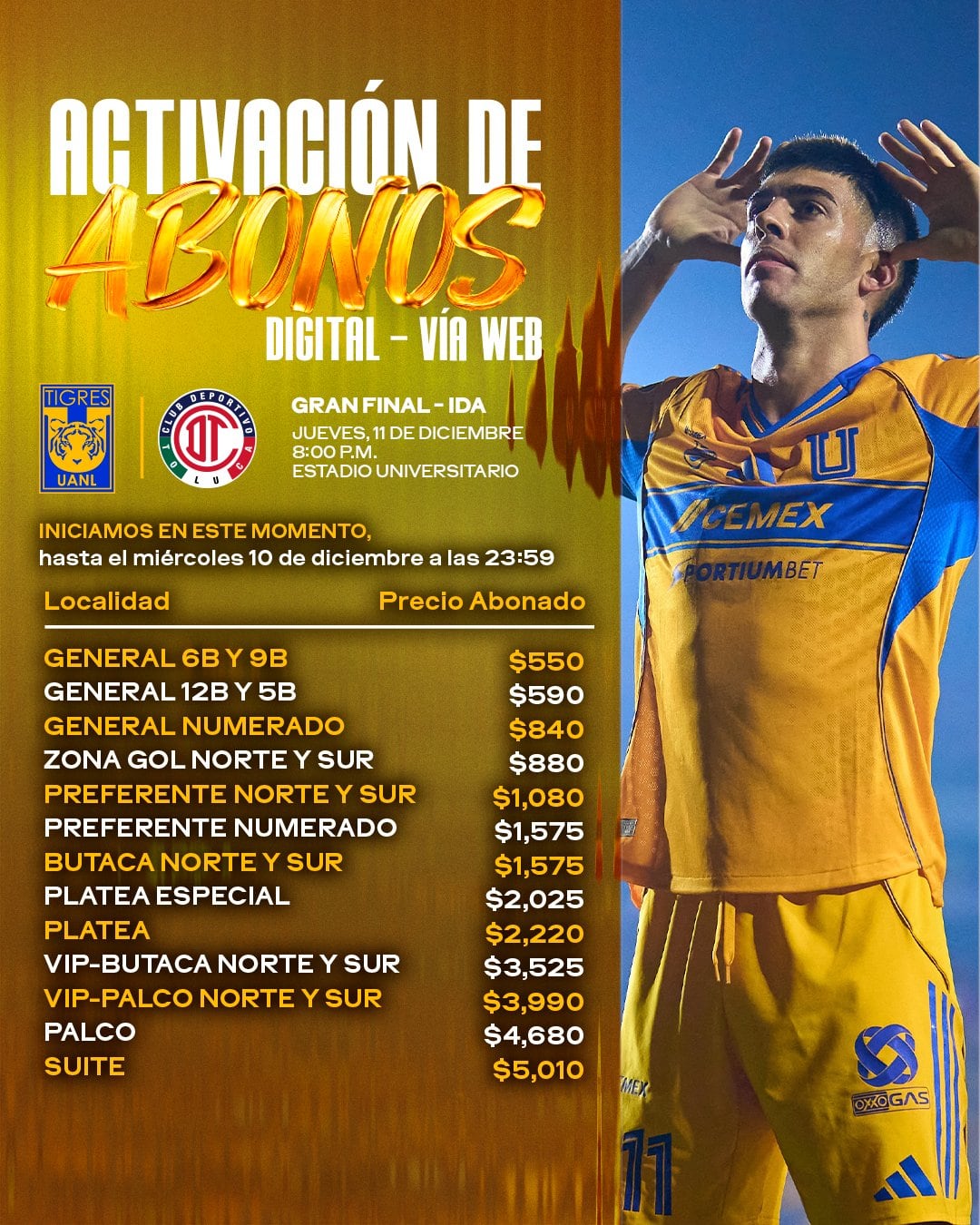 Tigres recibe a Toluca en la Final de ida Liga MX 2025