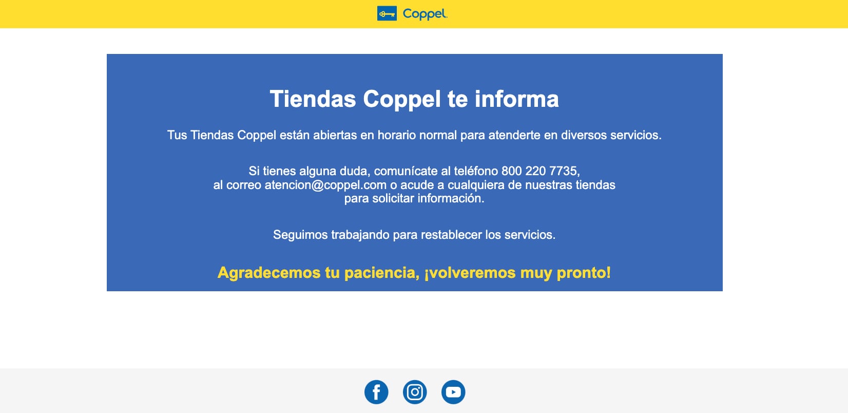 Mensaje en página de Coppel