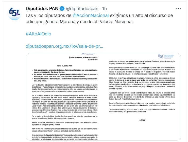 Tuit de los diputados del PAN