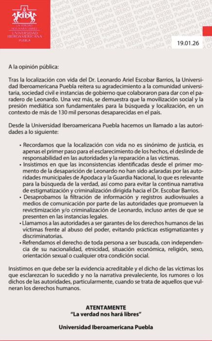 Comunicado de la Ibero Puebla alrededor de la desaparición de Leonardo Escobar