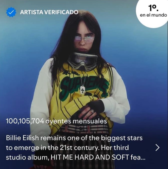 Billie Eilish es la artista más escuchada mensualmente de Spotify a nivel mundial