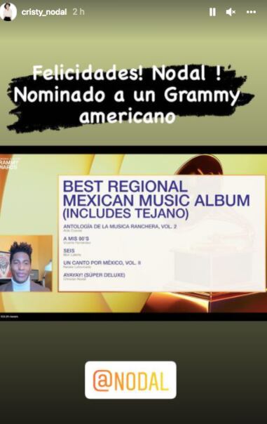 Cristy Nodal celebra nominación de Christian Nodal a los premios Grammy 2022