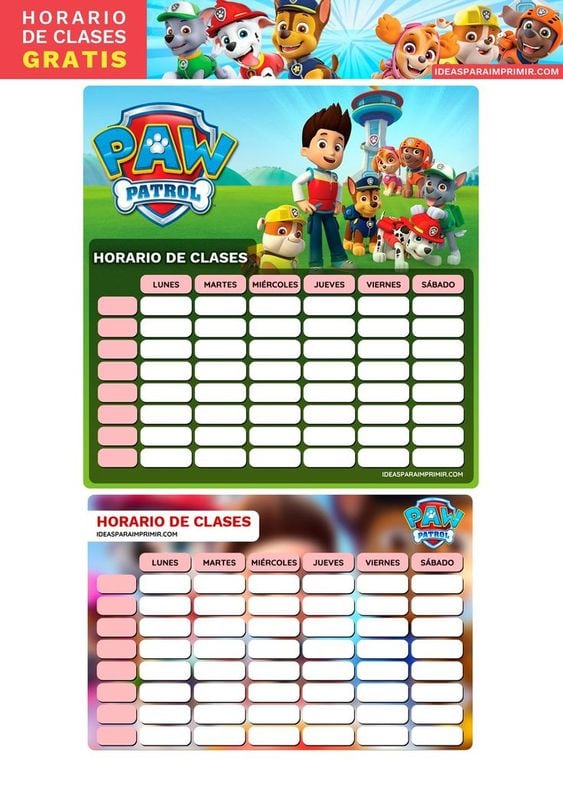 Horario escolar de Paw Patrol para imprimir