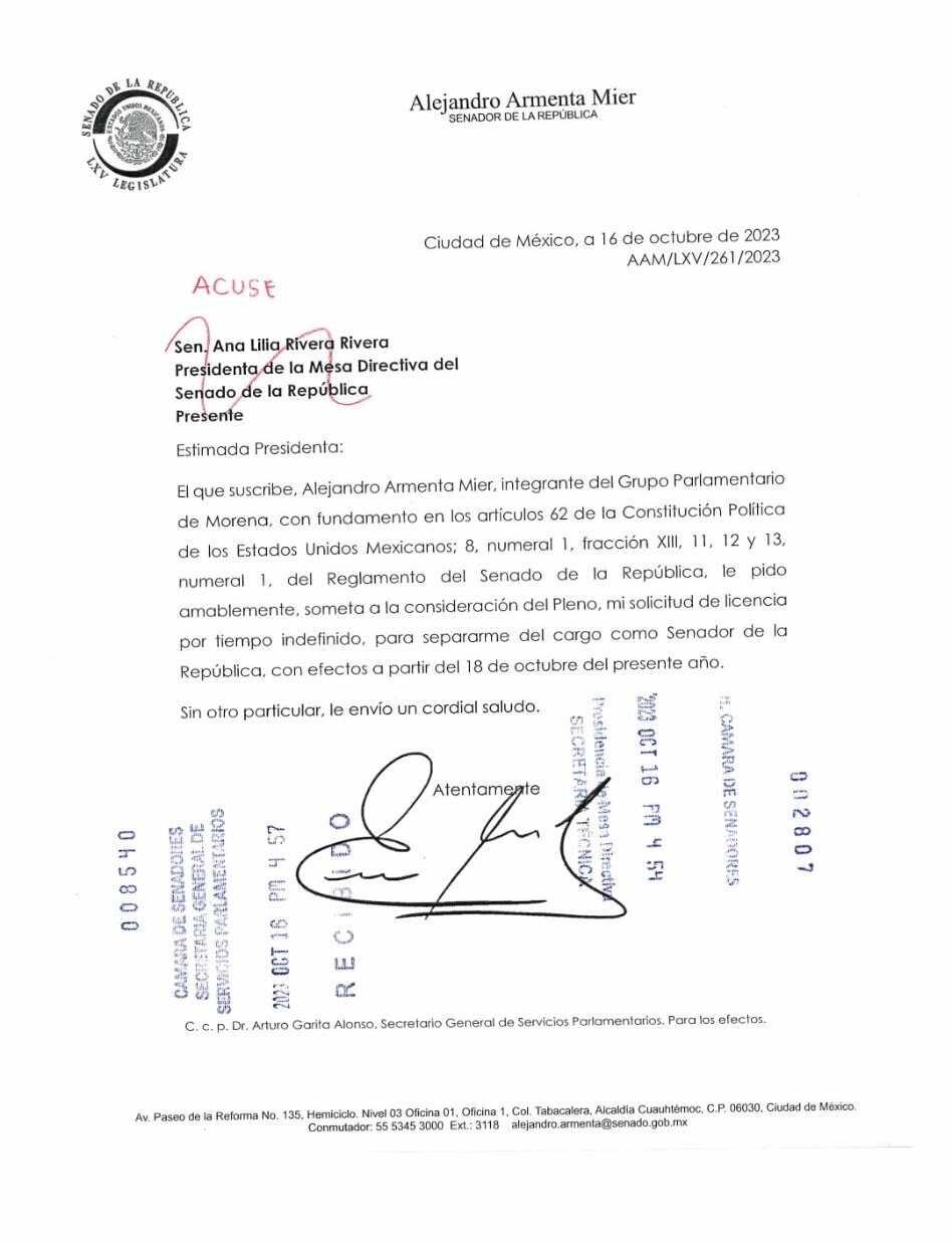 Alejandro Armenta renuncia a su cargo en la Cámara de Senadores