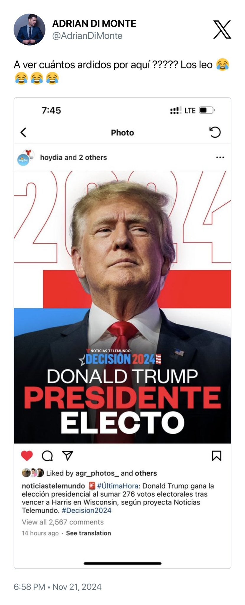 Adrián Di Monte apoya a Donald Trump en X