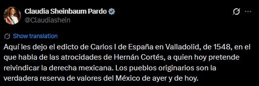 Sheinbaum cita edicto de 1548 para señalar “atrocidades” de Hernán Cortés y criticar a la derecha