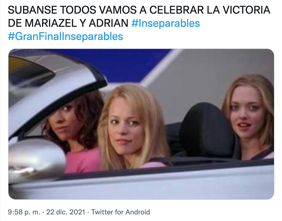 Meme por la victoria de Mariazel y Adrián en Inseparables