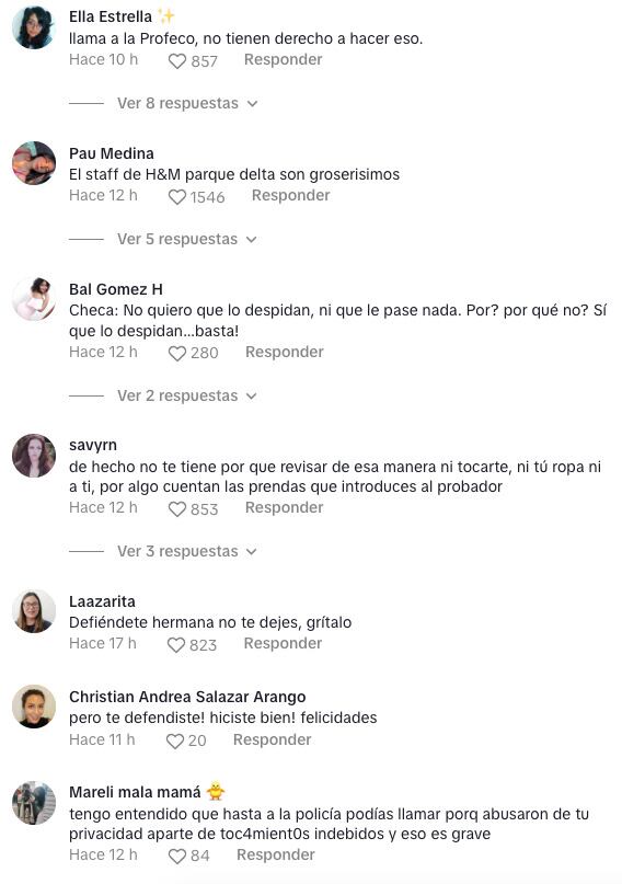 Comentarios en el TikToK sobre la denuncia a H&M por acoso