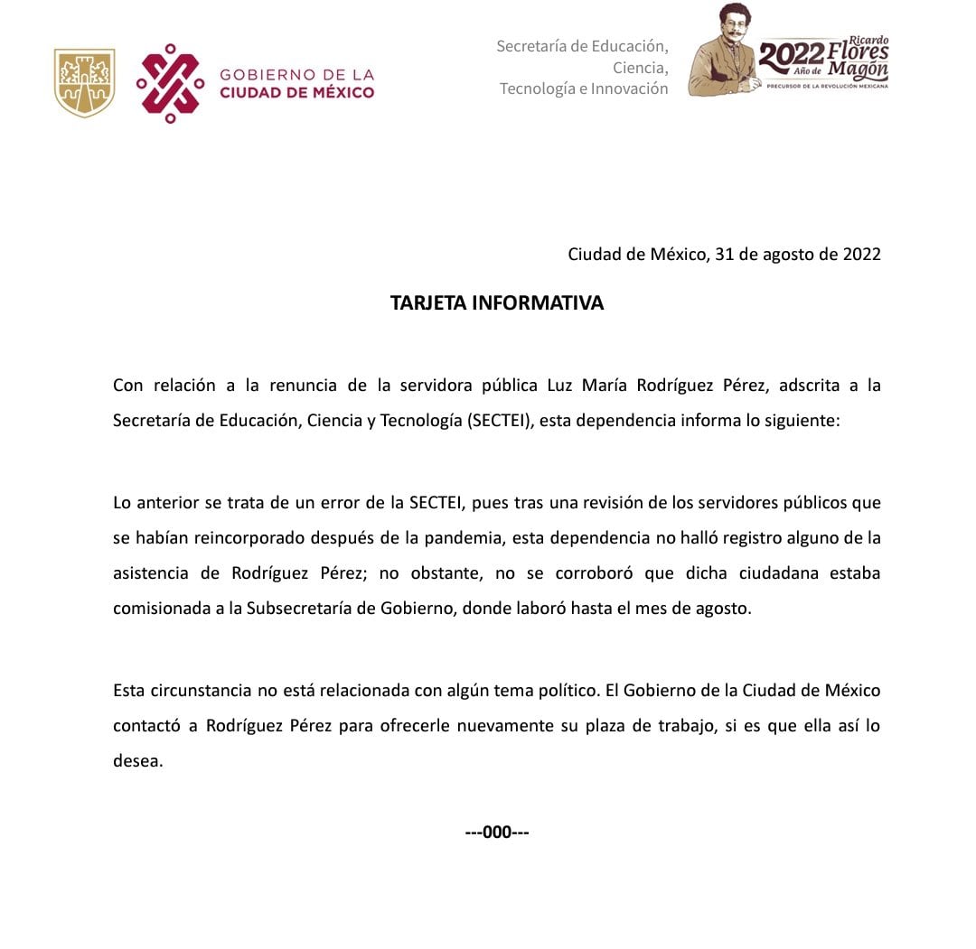 Comunicado de la Sectei sobre la renuncia de Luz María Rodríguez