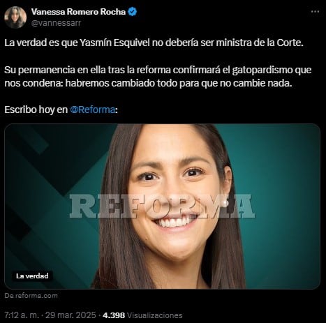 Vanessa Romero Rocha en X sobre Yasmín Esquivel.