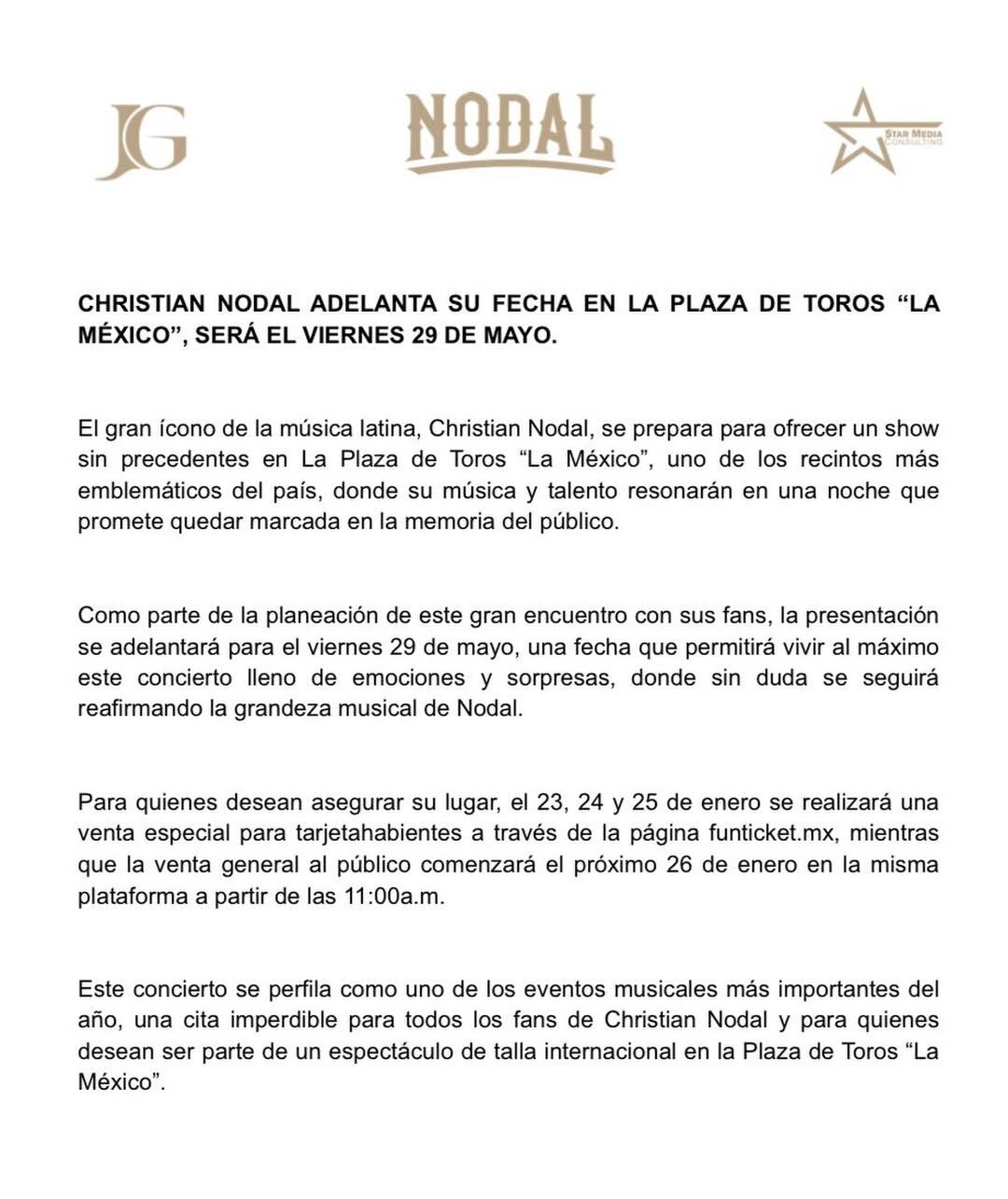 Concierto de Christian Nodal adelanta en la Plaza de Toros México
