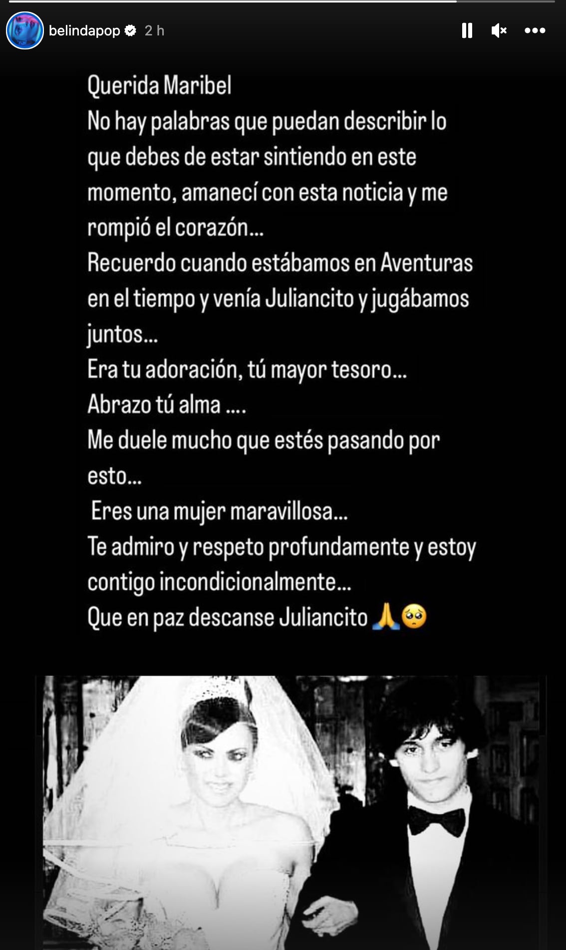 Belinda manda condolencias a Maribel Guardia.