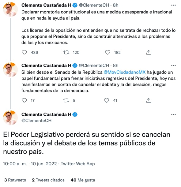 Tuits de Clemente Castañeda, dirigente de Movimiento Ciudadano